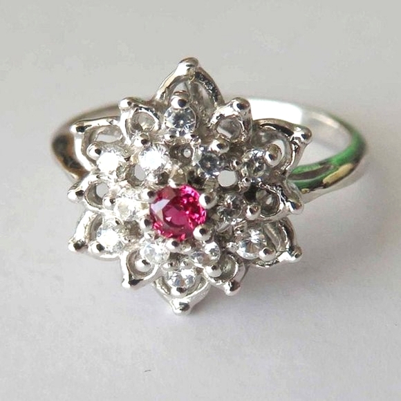 Blossoming Lotus Flower Natural Ruby White Zircons Sterling Silver Ring Sz 6.75 - Picture 1 of 8